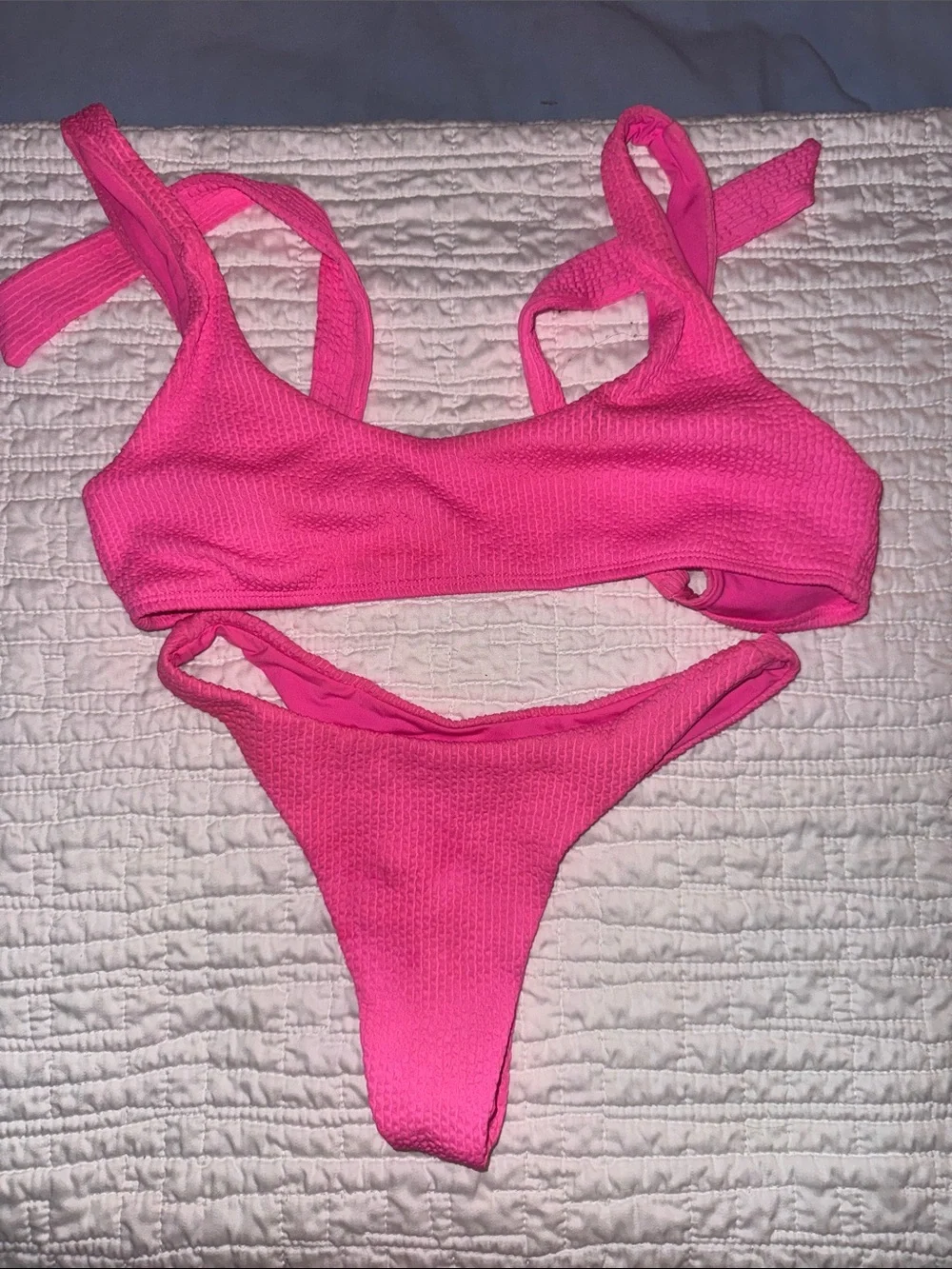 Monday Swim Neon Pink Crinkle Bathing Suit Set